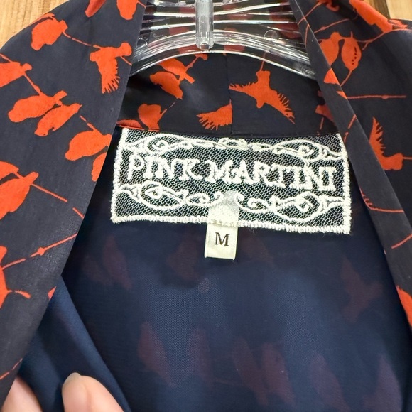 Pink Martini Navy Dress with Red/Orange Bird Design 50’s Vibes Tie Neck Vintage - Picture 3 of 14